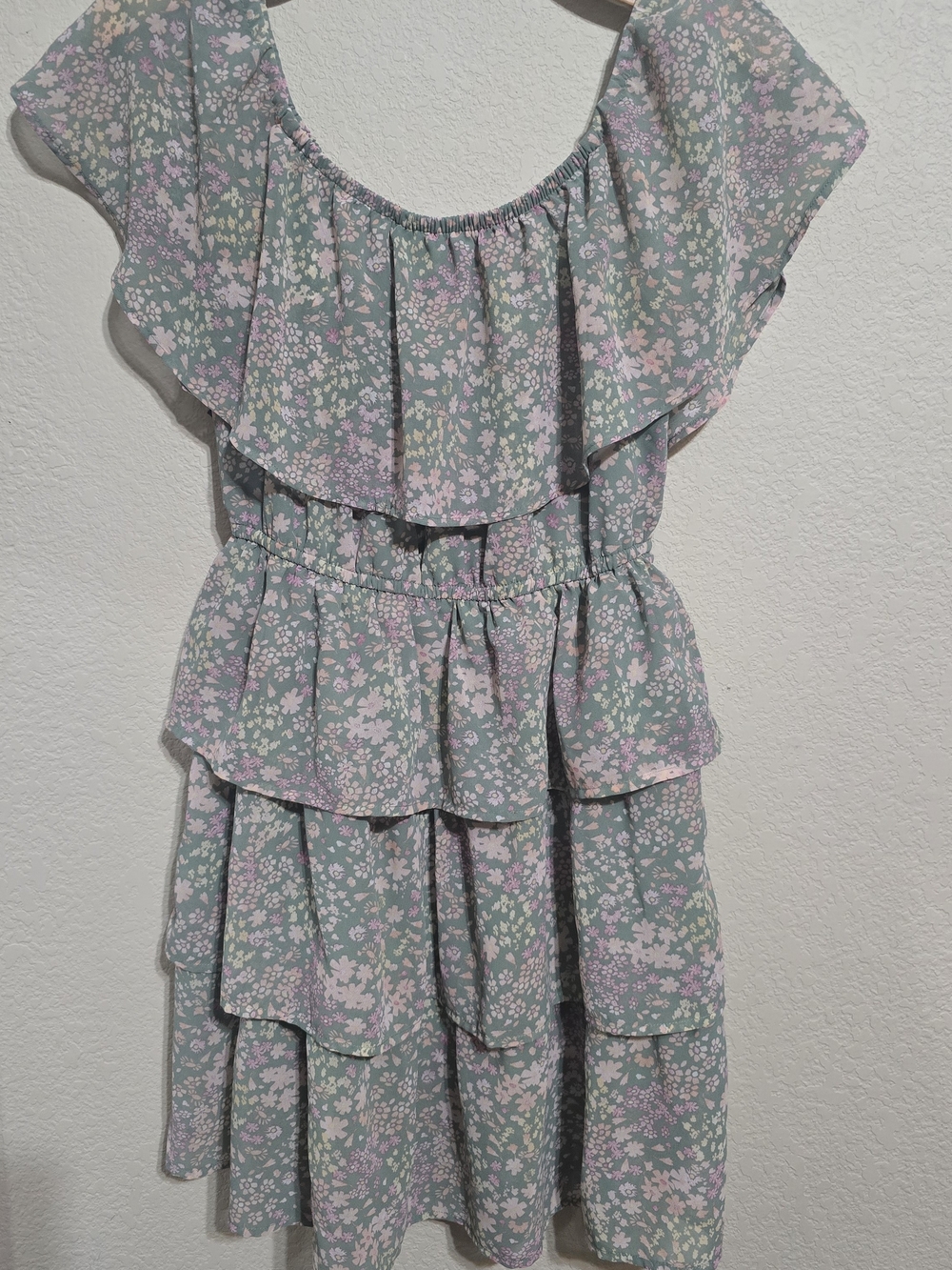 Mimi Chica Sage Green Floral Ruffle Dress with Pink Accents